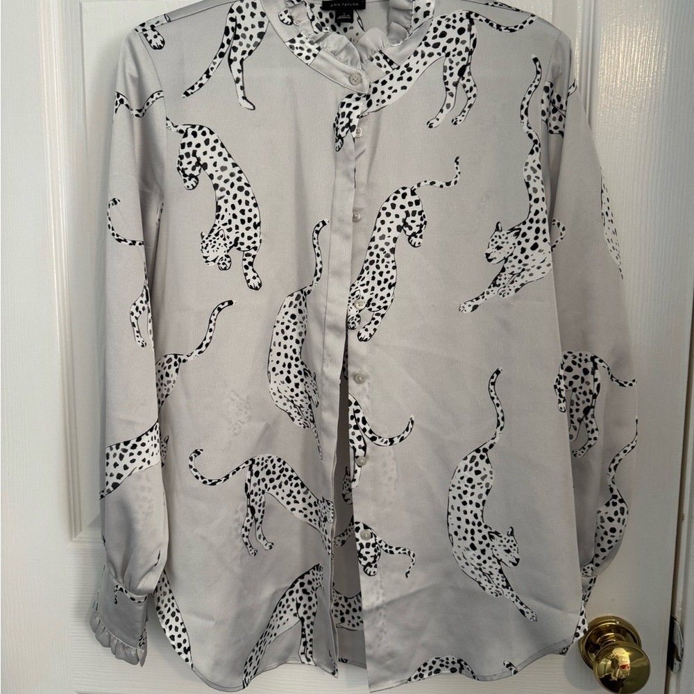 Ann Taylor Silver/ Grey Blouse with Black Leopard Print